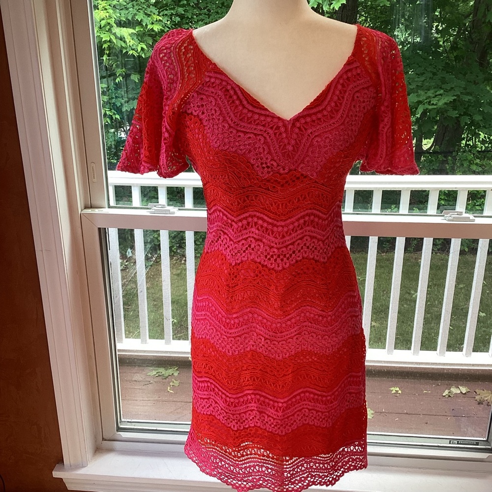Trina Turk Red and Hot Pink Flutter Sleeve Sundress